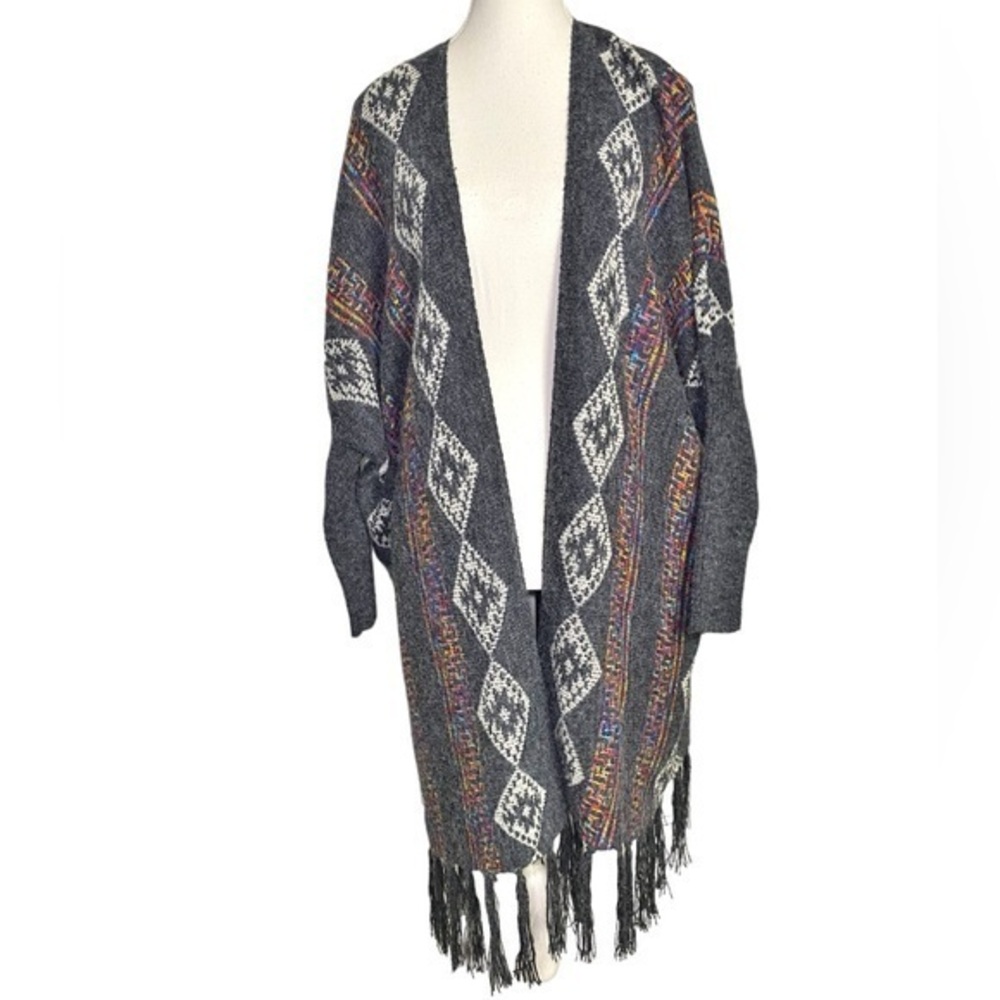Dreamers Long Gray Open Cardigan Boho Fringe Style